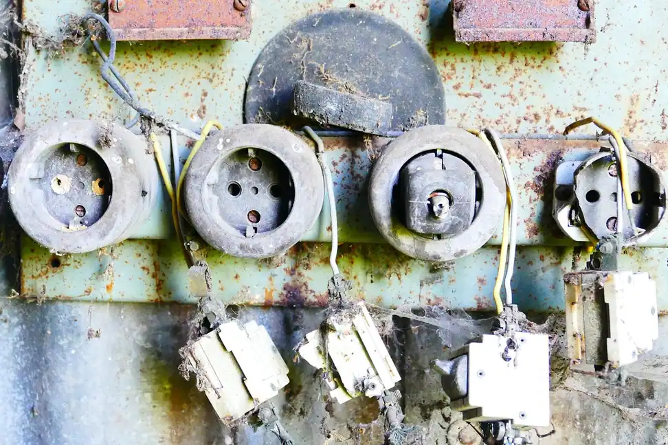 Enchufes antiguos con los cables viejos sueltos sobre una pared oxidada, una instalación que conviene que revise un electricista