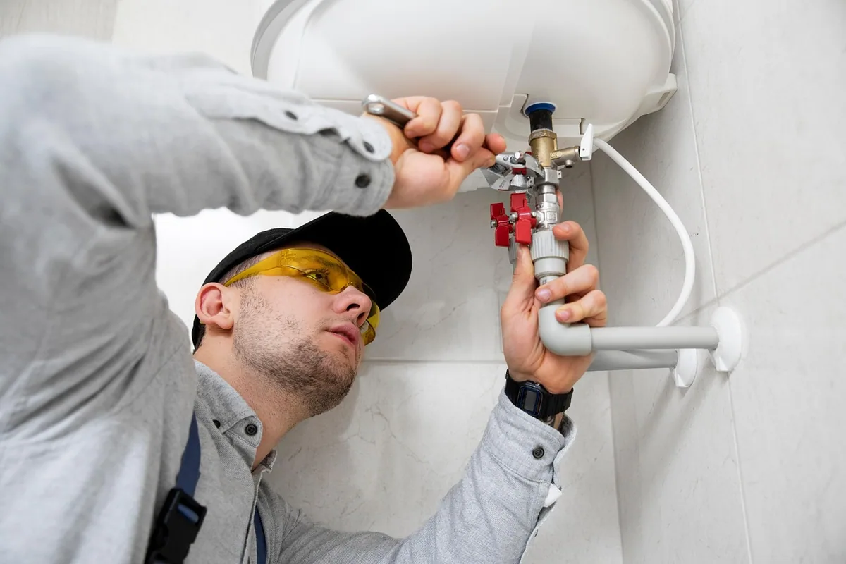 Profesional con gafas de protección conectando las llaves de paso de un termo eléctrico en un baño